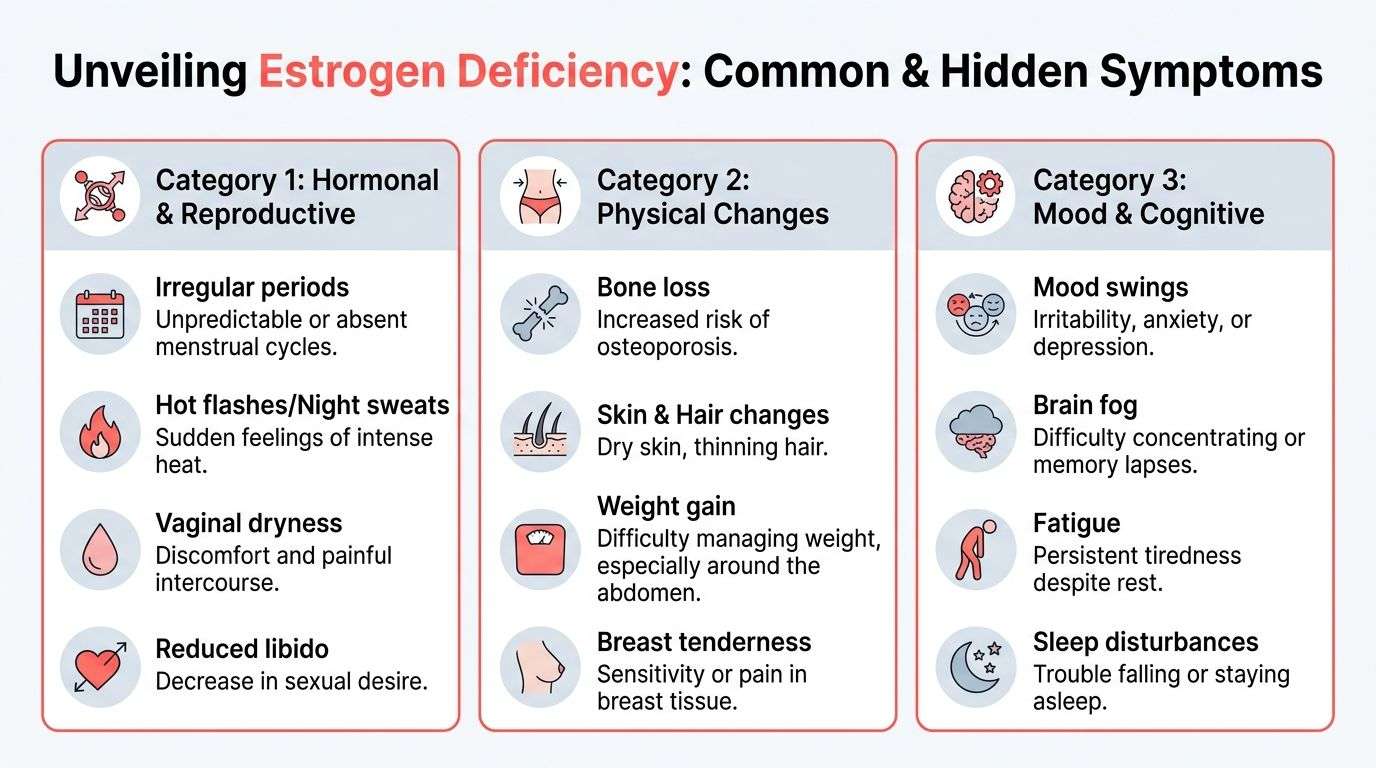An infographic detailing common and hidden symptoms of estrogen deficiency categorized into hormonal, physical, and cognitive issues.