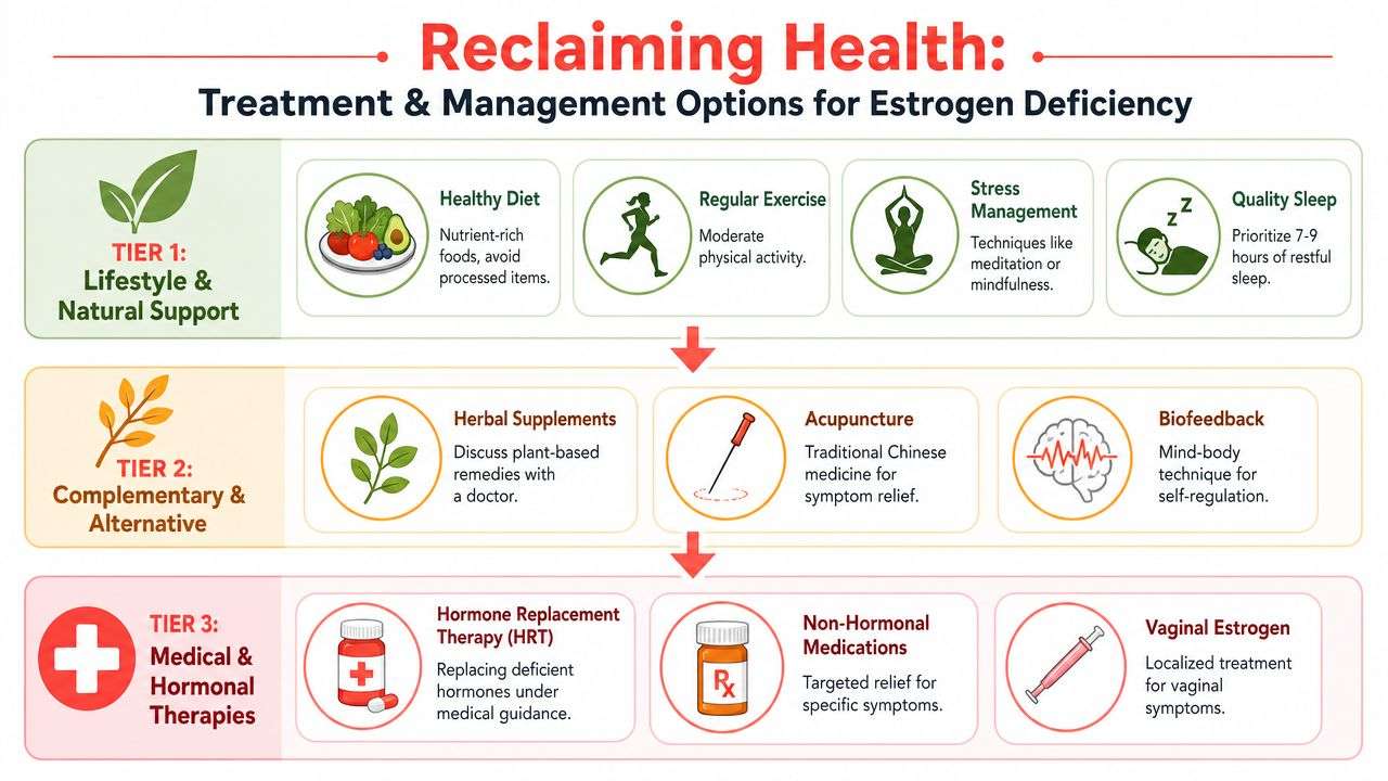 A tiered health chart showing lifestyle, alternative, and medical treatment options for managing estrogen deficiency symptoms in women.
