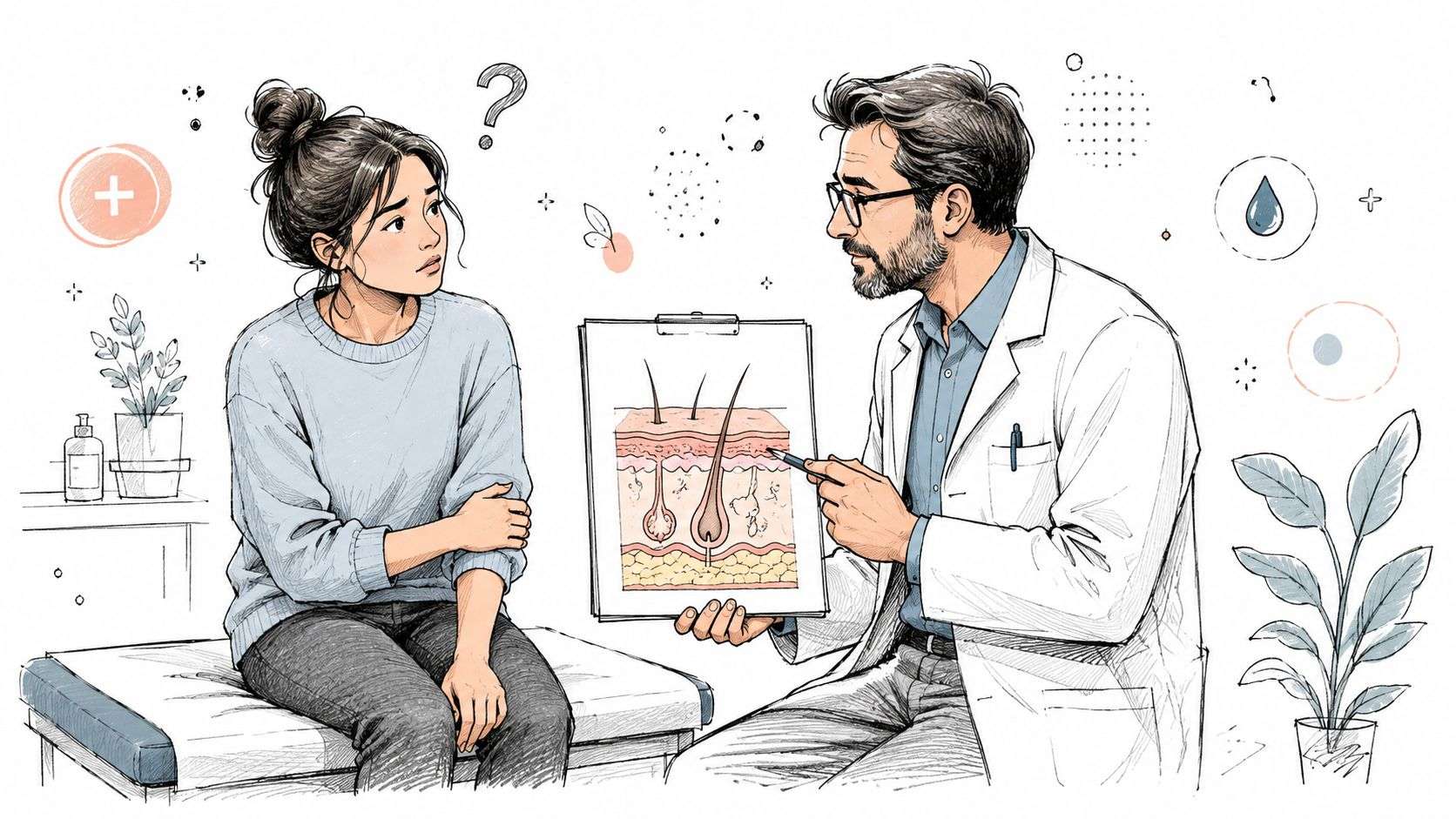 A dermatologist explains skin anatomy to a patient during a consultation in a medical office.