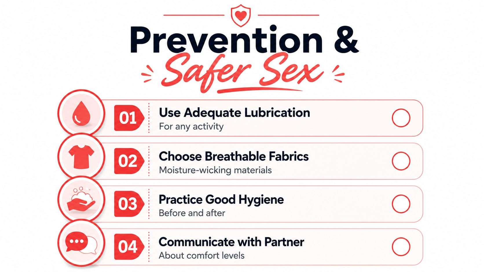 A safety infographic titled Prevention and Safer Sex illustrating tips to reduce friction during sexual activity.