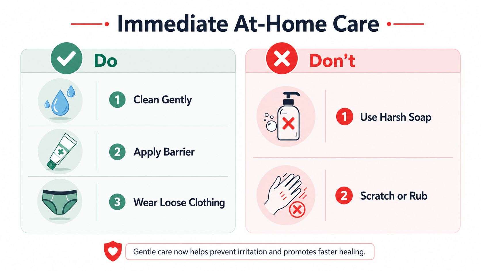 An infographic providing advice on immediate at-home care for skin irritation, detailing dos and don'ts.