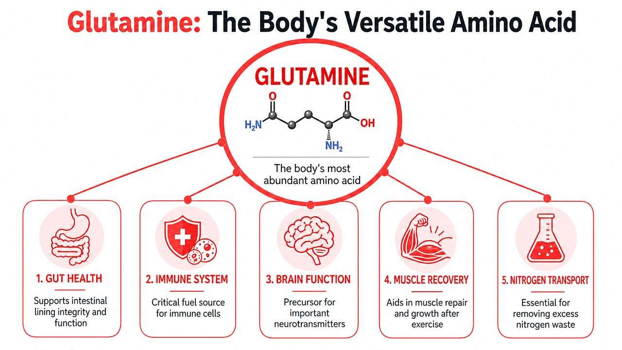 An infographic detailing five key health benefits of glutamine, the body's most abundant amino acid.