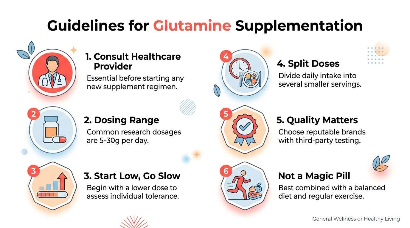A professional infographic outlining six essential guidelines for safely and effectively using glutamine supplements for wellness.