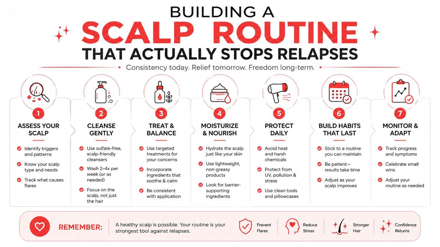 An infographic detailing a seven-step guide for maintaining a healthy scalp and preventing skin relapses.