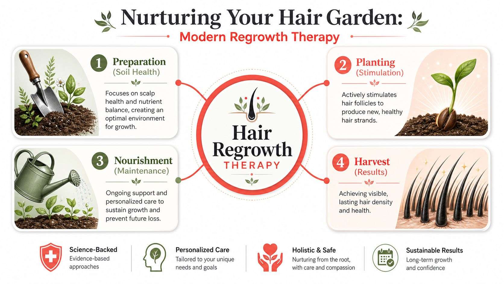 A conceptual infographic titled Nurturing Your Hair Garden illustrating four stages of modern hair regrowth therapy.