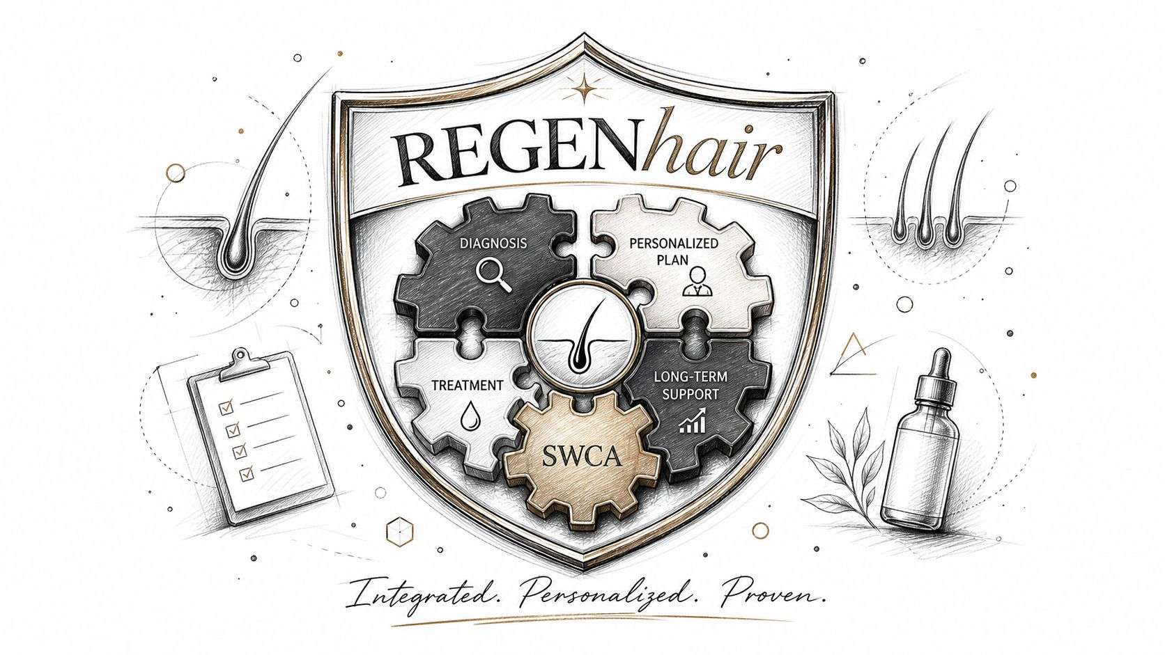 A professional diagram inside a shield representing the REGENhair integrated hair regrowth therapy process and services.