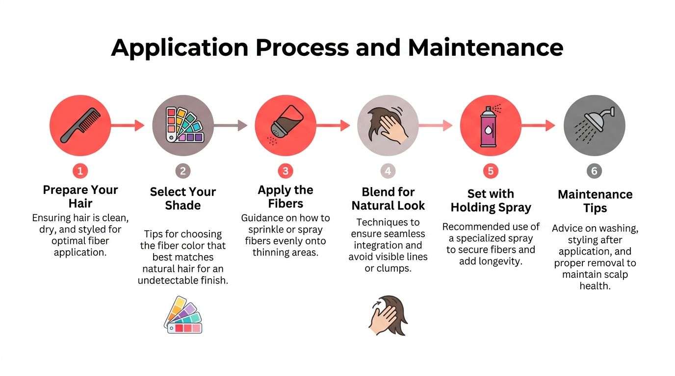 A six-step infographic detailing the application process and maintenance tips for using hair thickening fibers effectively.