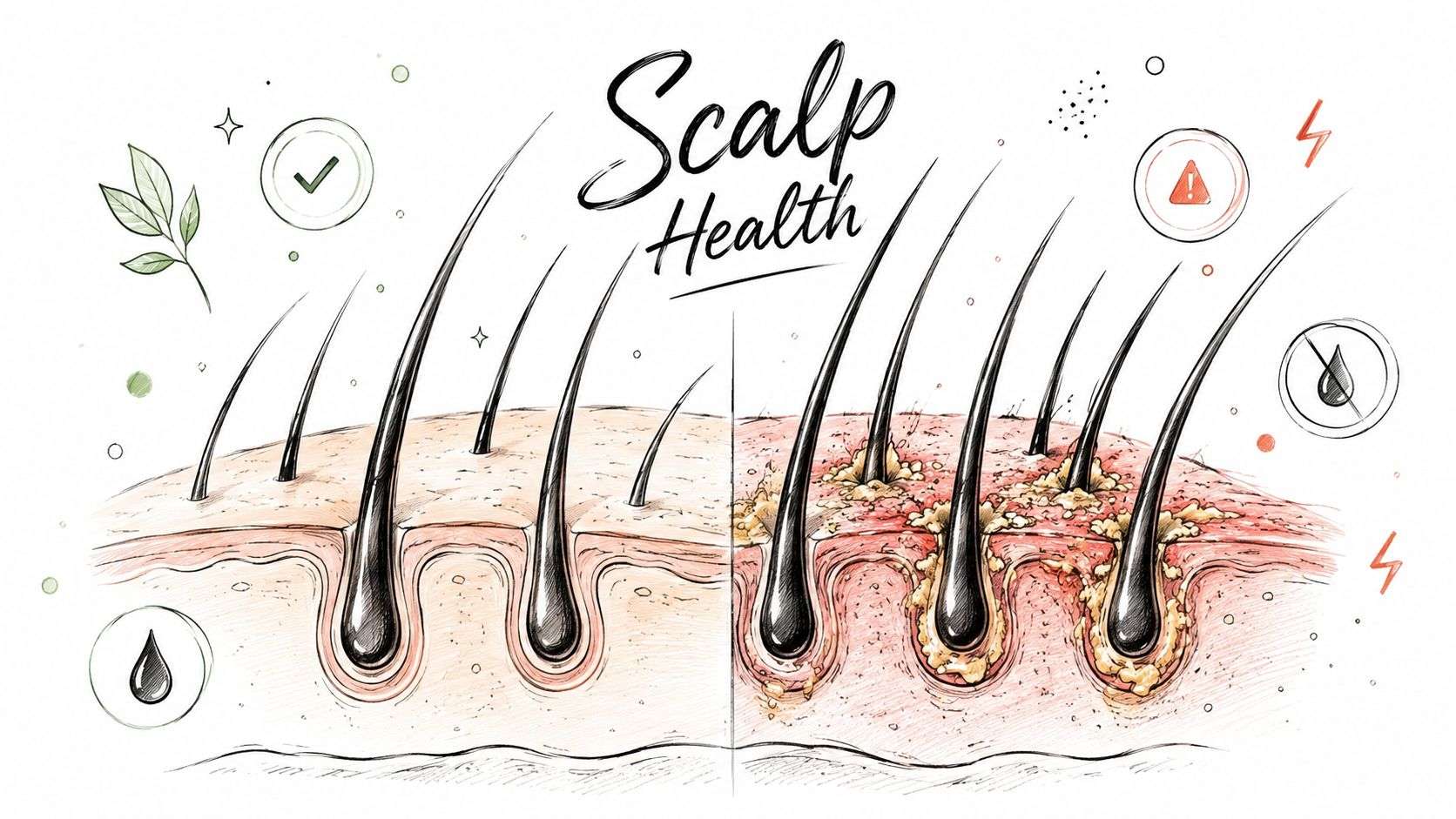 A diagram comparing a healthy scalp on the left to an unhealthy, irritated scalp on the right.