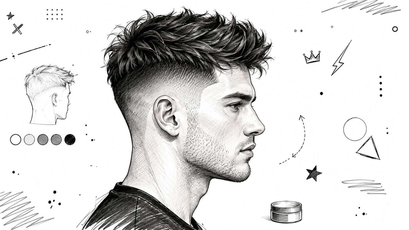 A pencil sketch of a man's modern fade haircut with textured hair on top and artistic details.