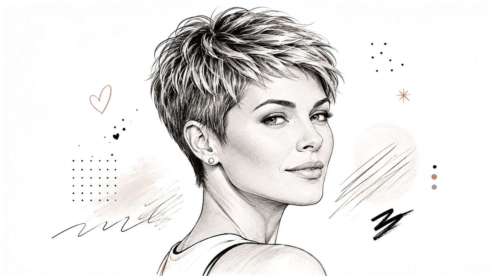 A detailed pencil sketch of a woman with a trendy, textured short pixie haircut looking over her shoulder.