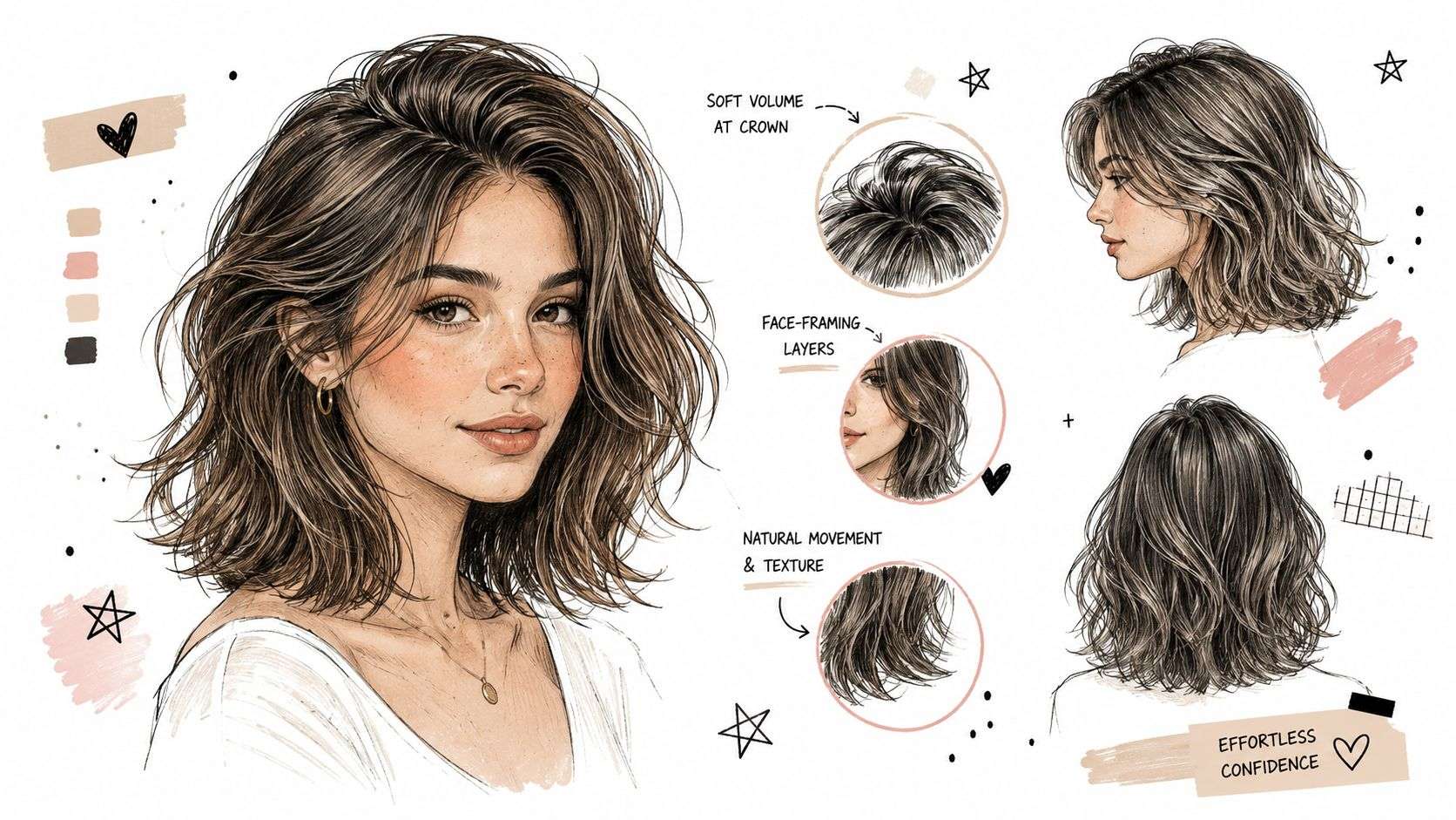 A detailed style guide illustration showcasing a woman with a layered medium length wavy brown hairstyle.