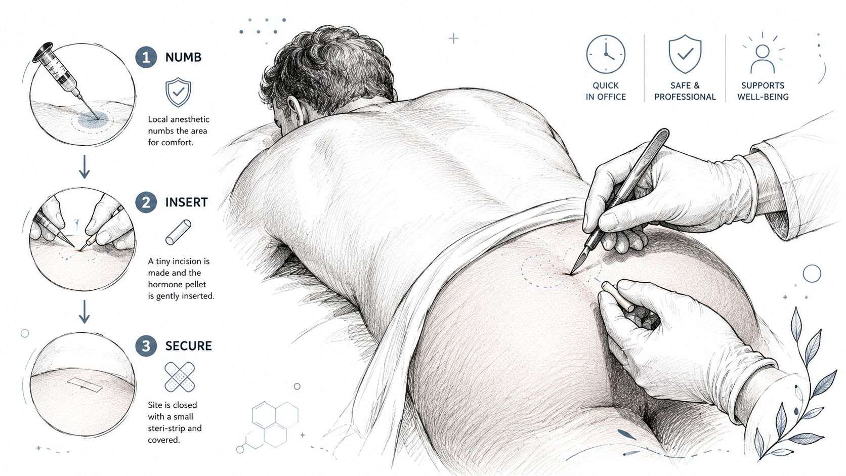 A medical illustration showing the three steps of a hormone pellet insertion procedure for men.