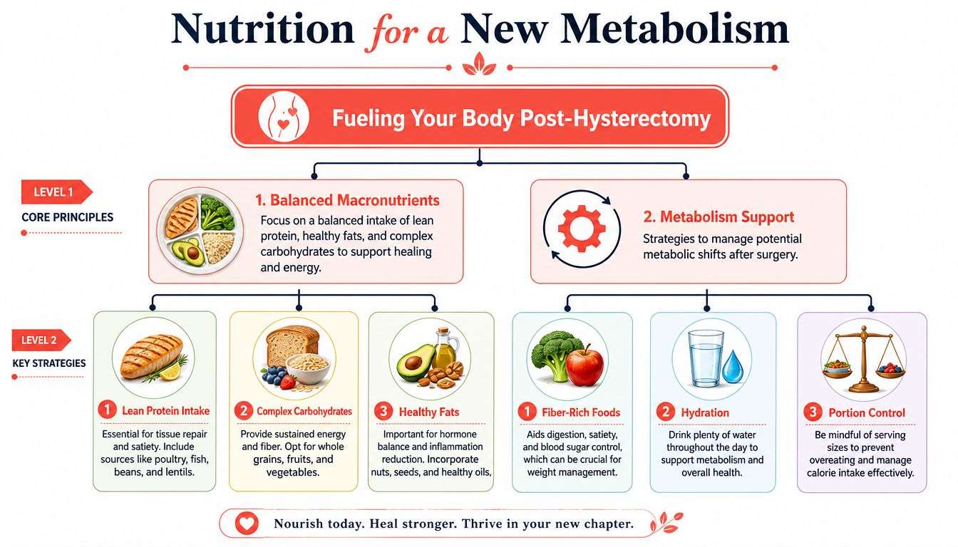An infographic titled Nutrition for a New Metabolism providing dietary tips for recovery after a hysterectomy.