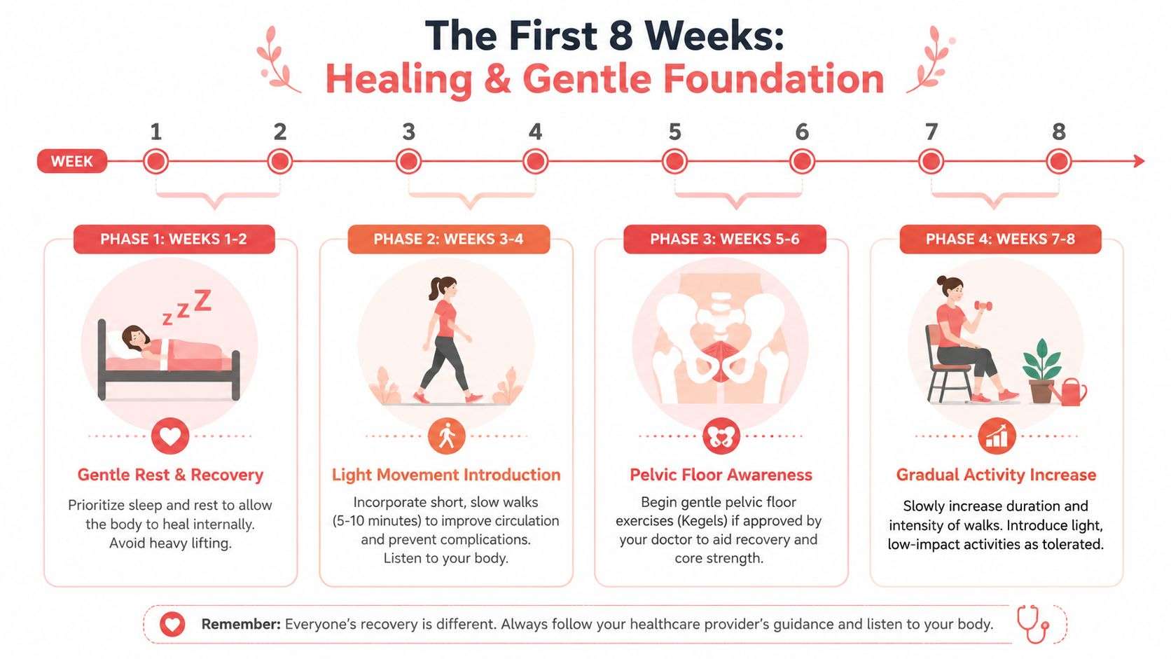 An infographic showing a postnatal or post-surgical recovery timeline split into four phases over eight weeks.