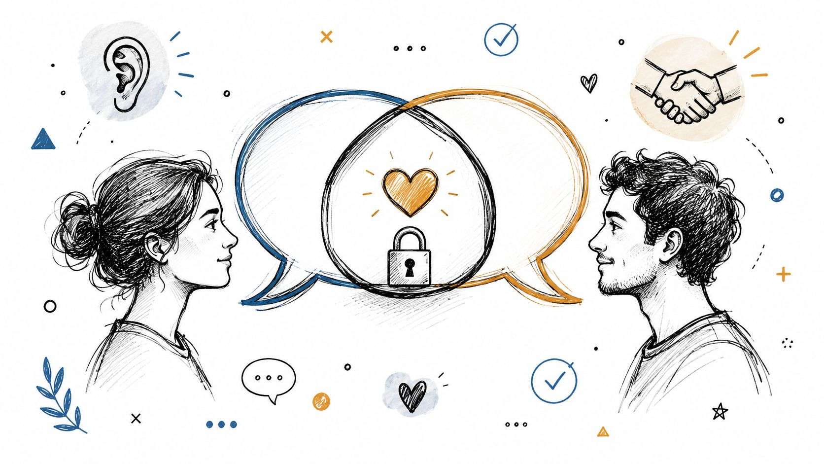 A hand-drawn illustration showing a man and a woman communicating with a heart and lock icon.