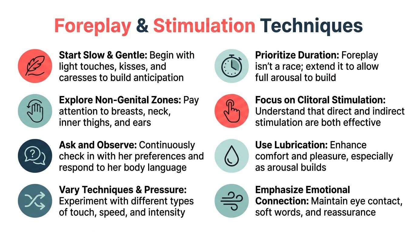 A graphic infographic listing eight essential tips for improving foreplay and sexual stimulation techniques for women.