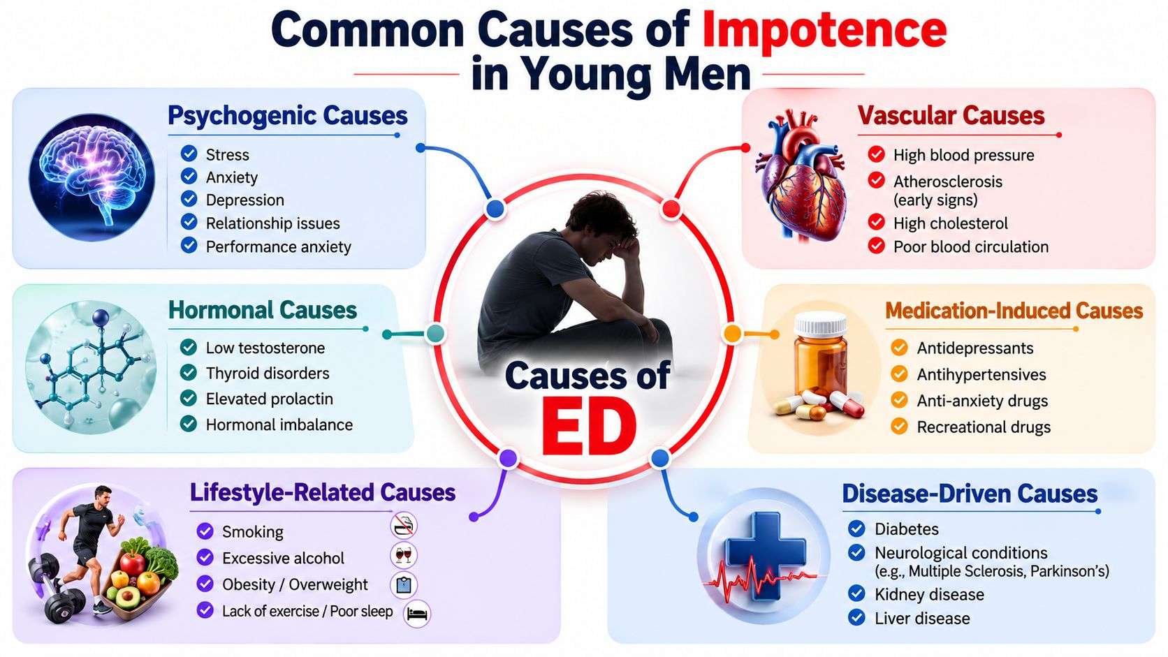 An infographic showing common physical, psychological, and lifestyle causes of impotence in young men.
