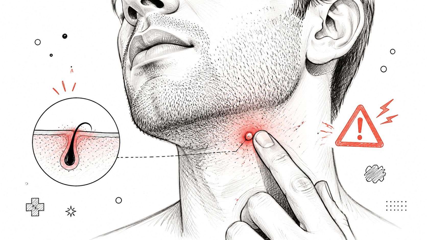 A detailed medical illustration showing an ingrown facial hair on a man's neck with warning signs.