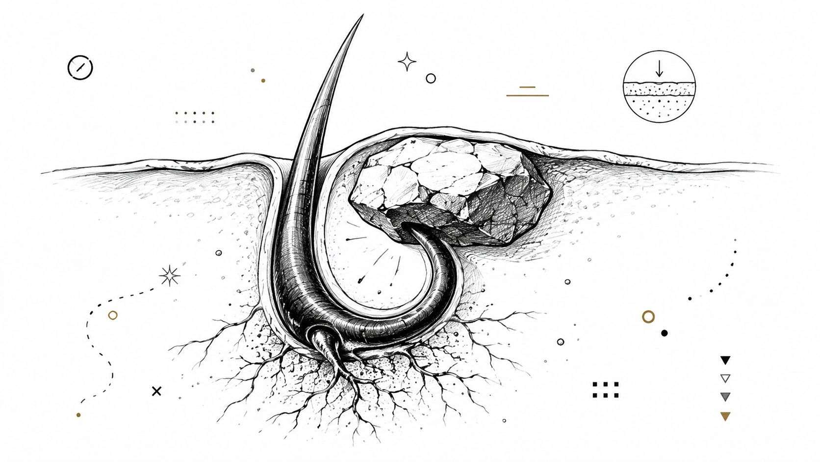 A detailed medical illustration showing an ingrown hair trapped beneath the skin surface with root structures.