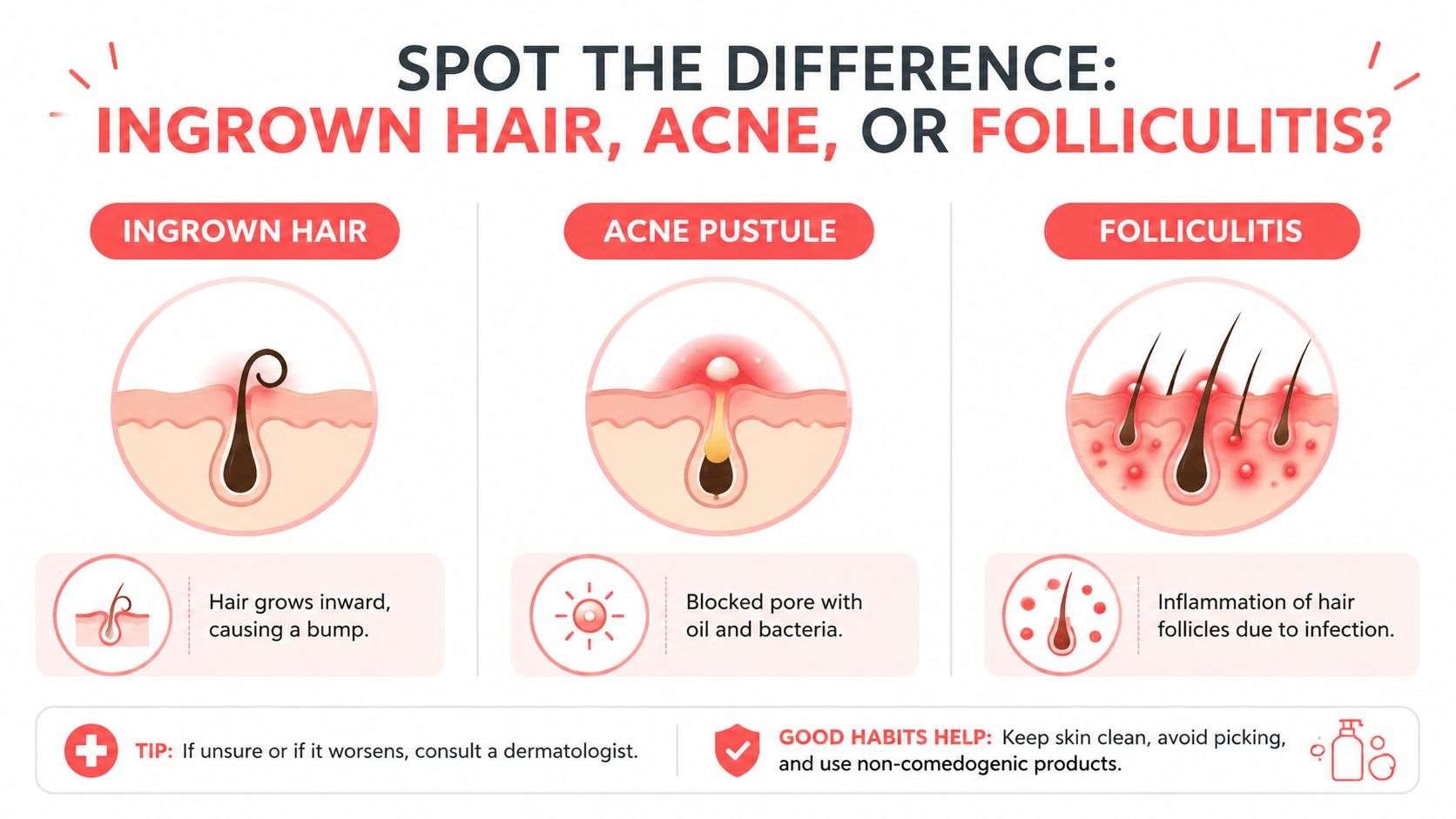 An infographic illustrating the visual differences between an ingrown hair, an acne pustule, and folliculitis on skin.