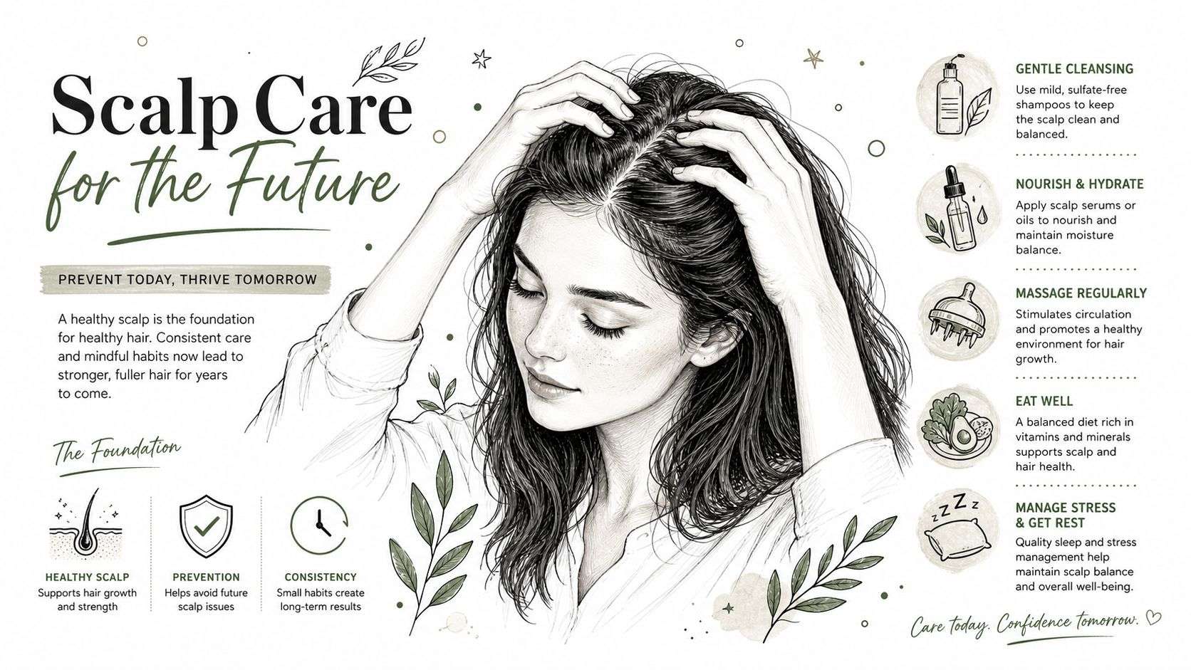 An illustrated guide to scalp care tips for healthier hair growth, prevention, and overall wellness maintenance.