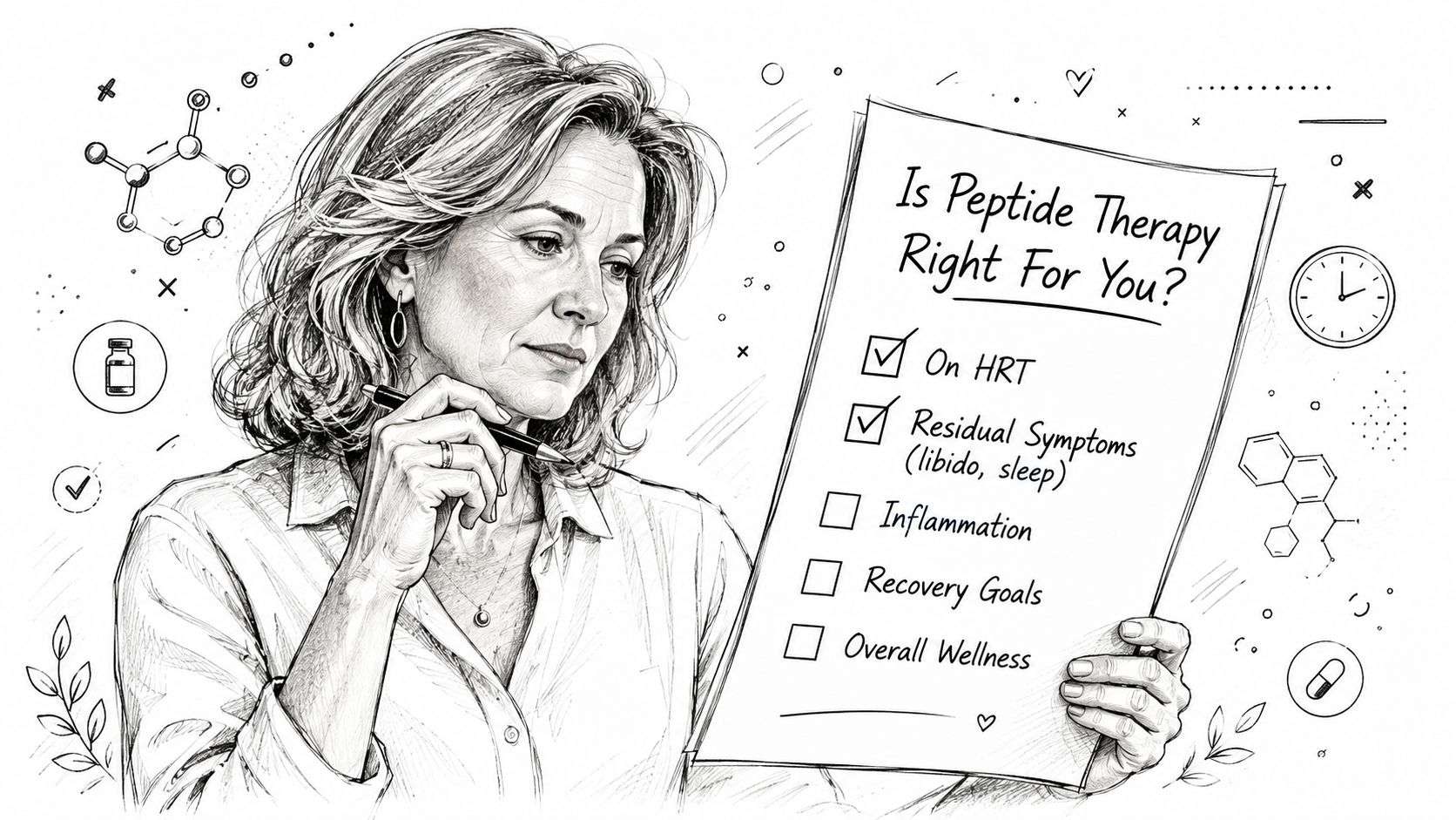 A woman reviewing a checklist titled Is Peptide Therapy Right For You regarding hormonal wellness treatments.