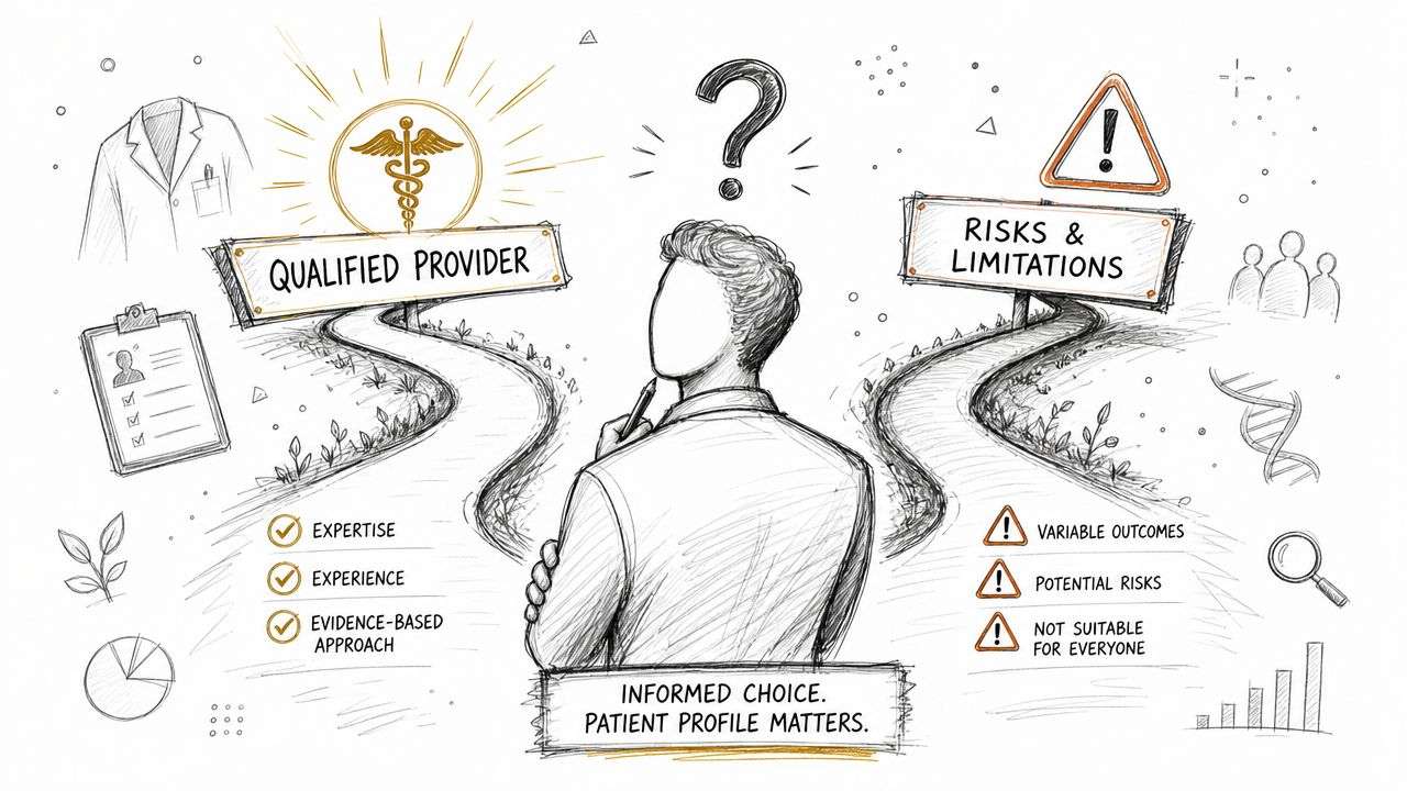 A conceptual illustration of a patient deciding between a qualified medical provider and potential treatment risks.