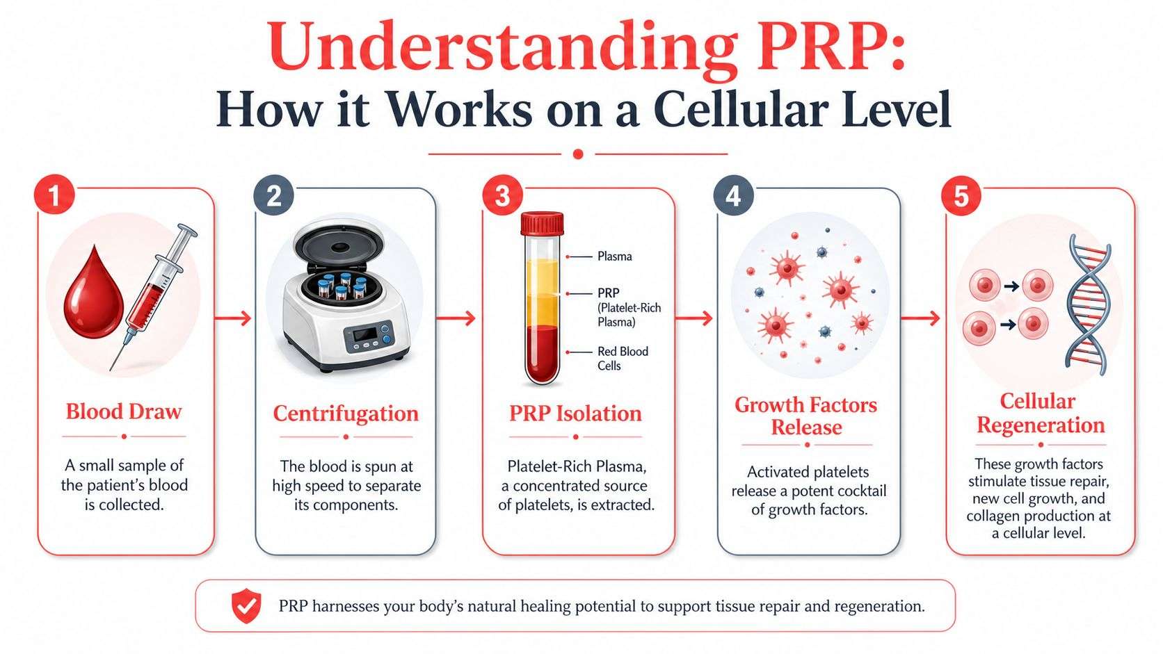 A five-step infographic showing the process of platelet-rich plasma (PRP) therapy from blood draw to cellular regeneration.
