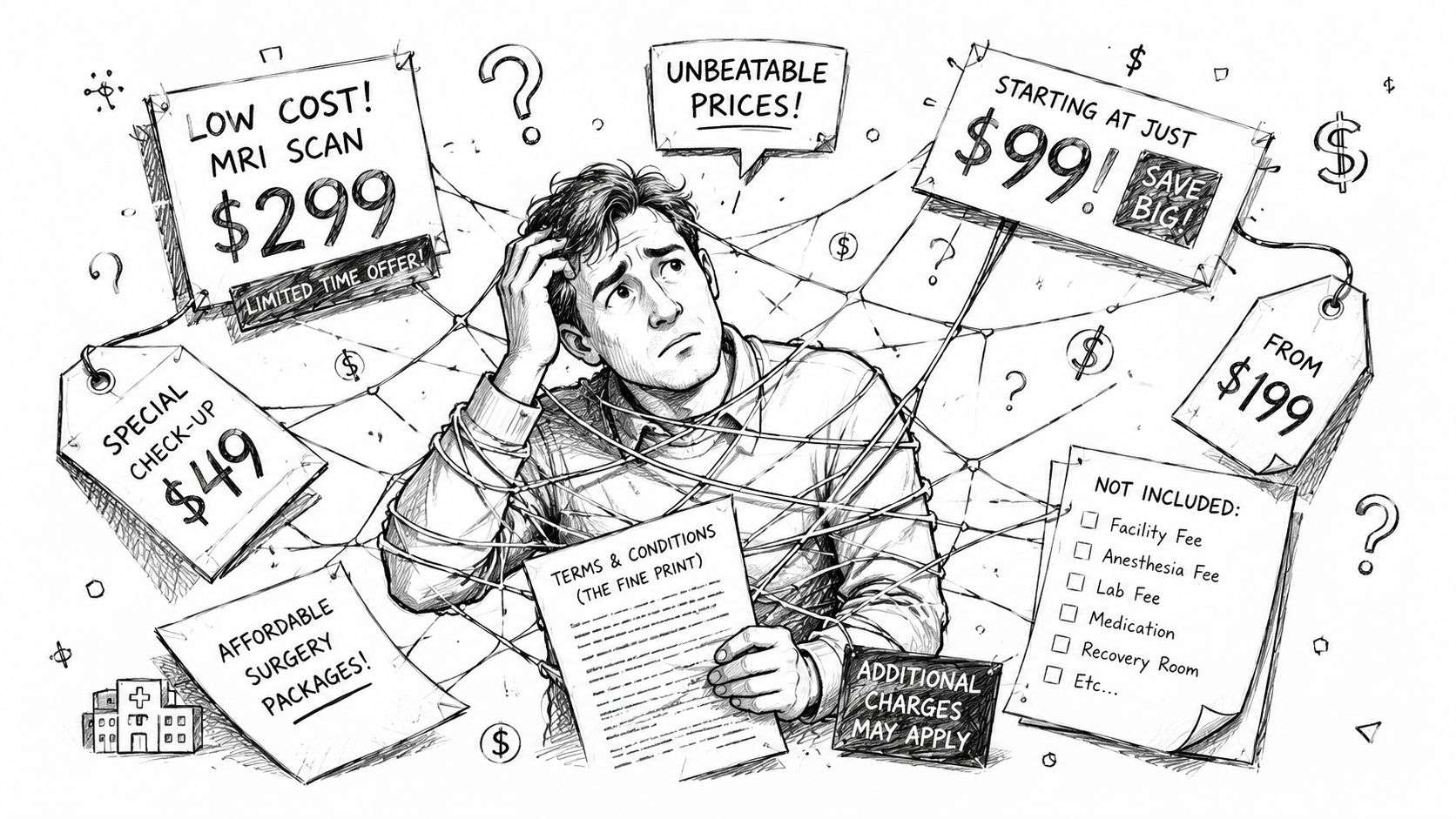 A confused person tangled in strings connecting various healthcare pricing signs and misleading medical cost advertisements.