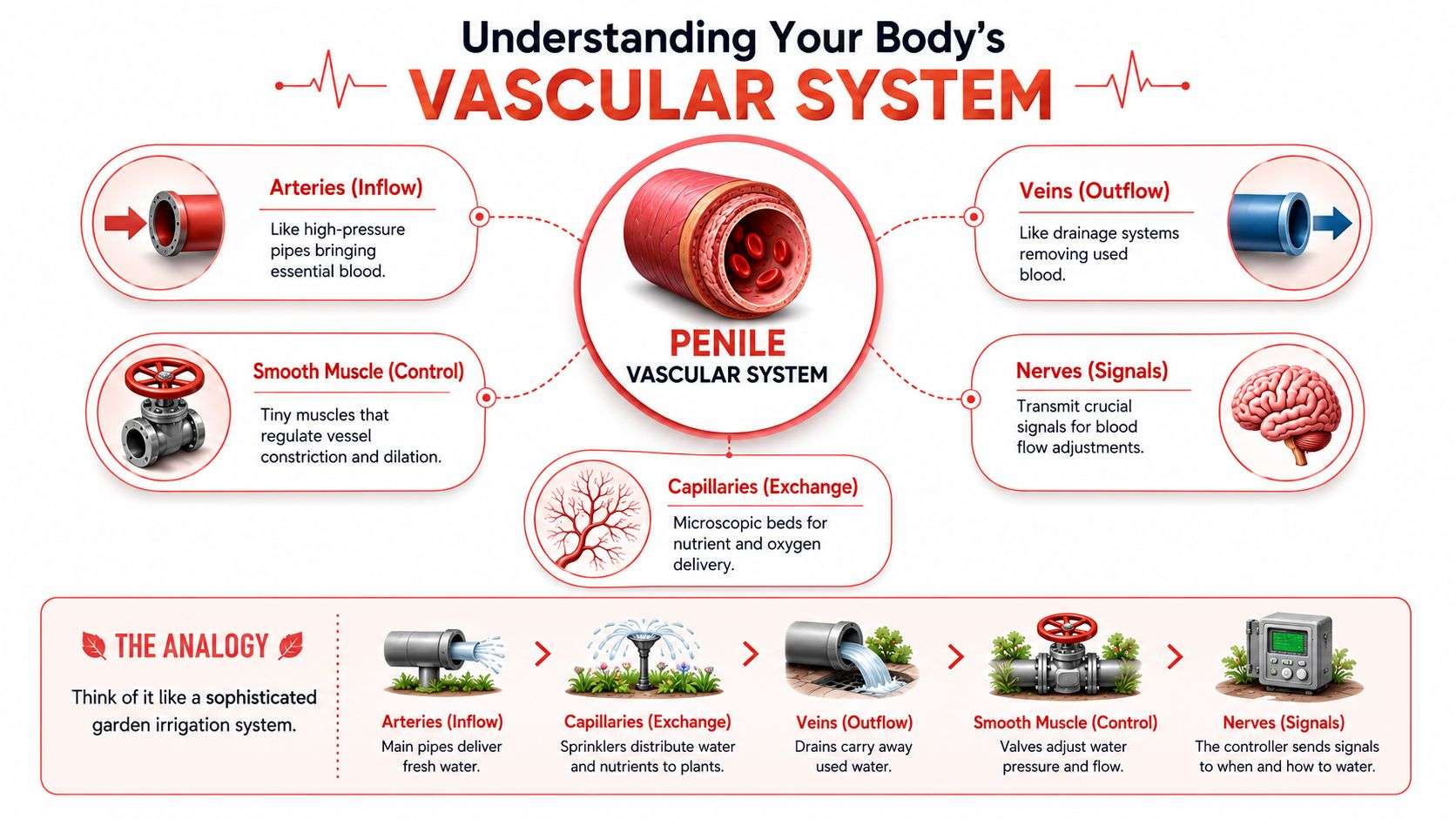 A diagram explaining the penile vascular system, comparing its biological functions to a garden irrigation system.