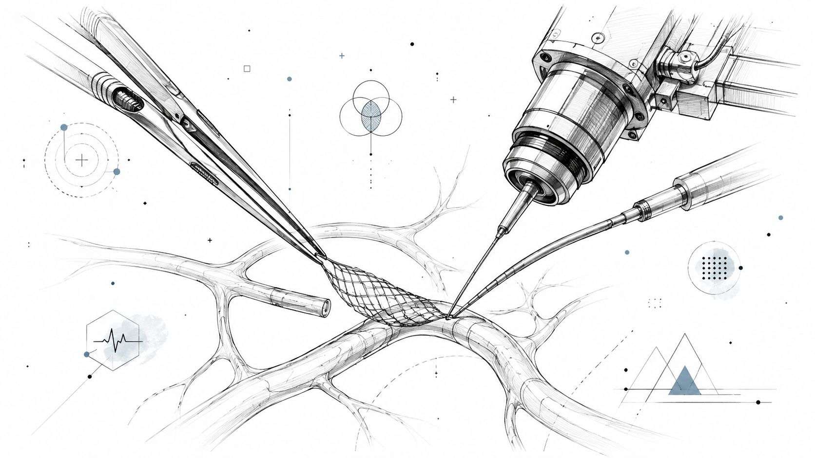 A detailed technical sketch showing robotic surgical instruments performing a vascular procedure with a stent.
