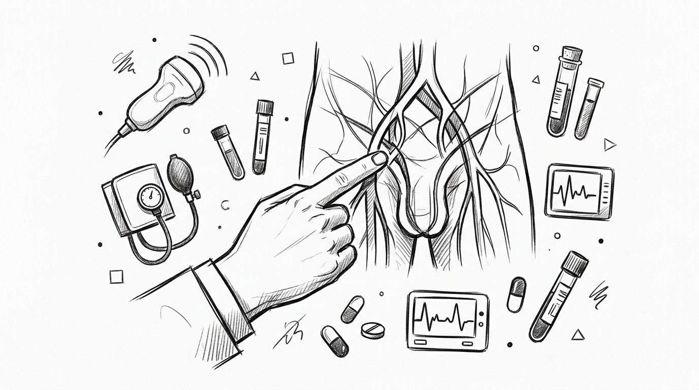 A medical illustration showing a hand pointing at a diagram of human blood vessels and medical tools.