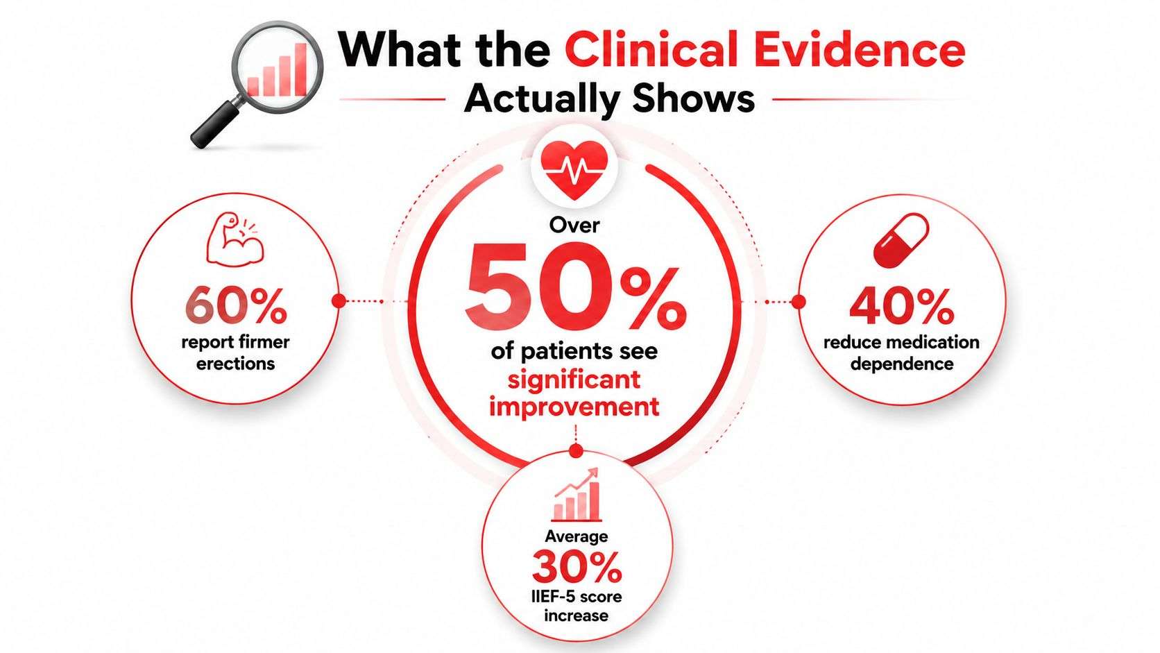 An infographic showing clinical evidence of acoustic wave therapy effectiveness for men with erectile dysfunction.