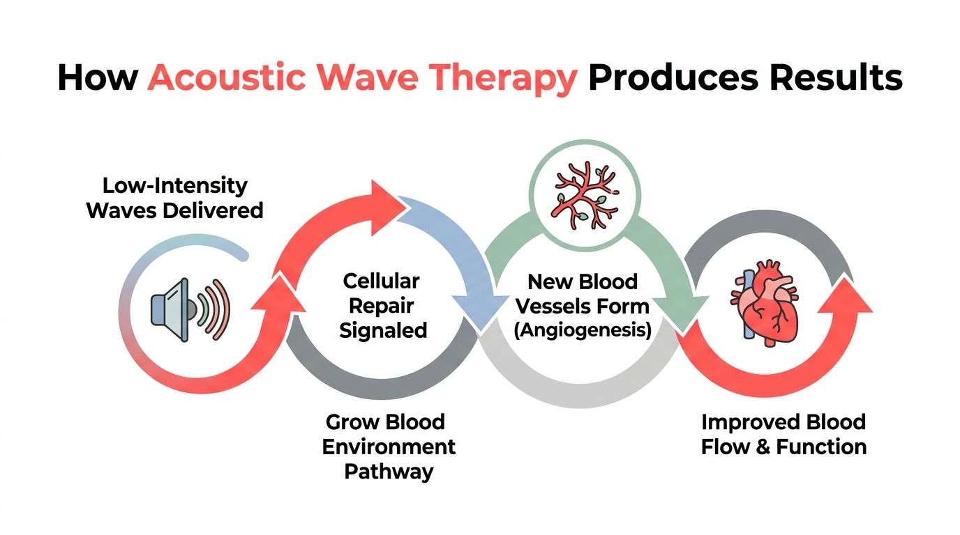 A diagram illustrating how acoustic wave therapy stimulates cellular repair, angiogenesis, and improved blood flow and function.