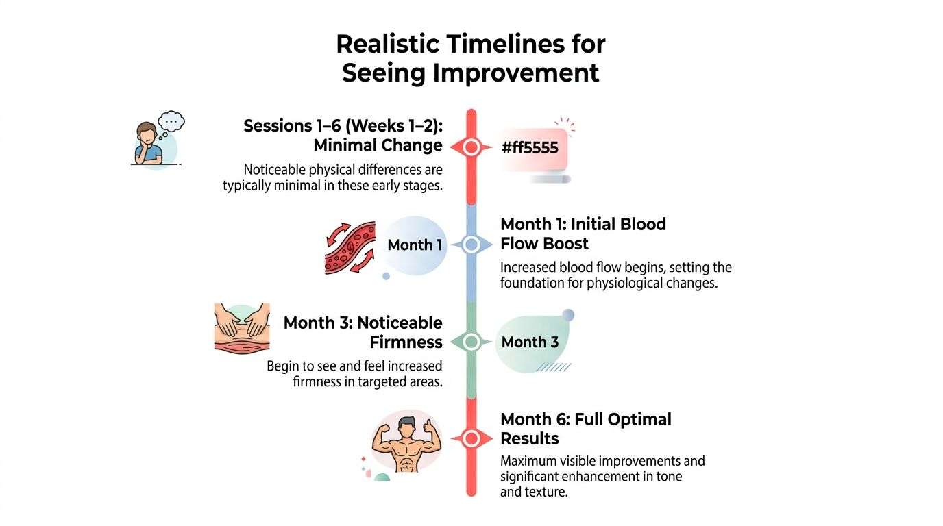 A timeline graphic showing the progression of results from acoustic wave therapy over six months.