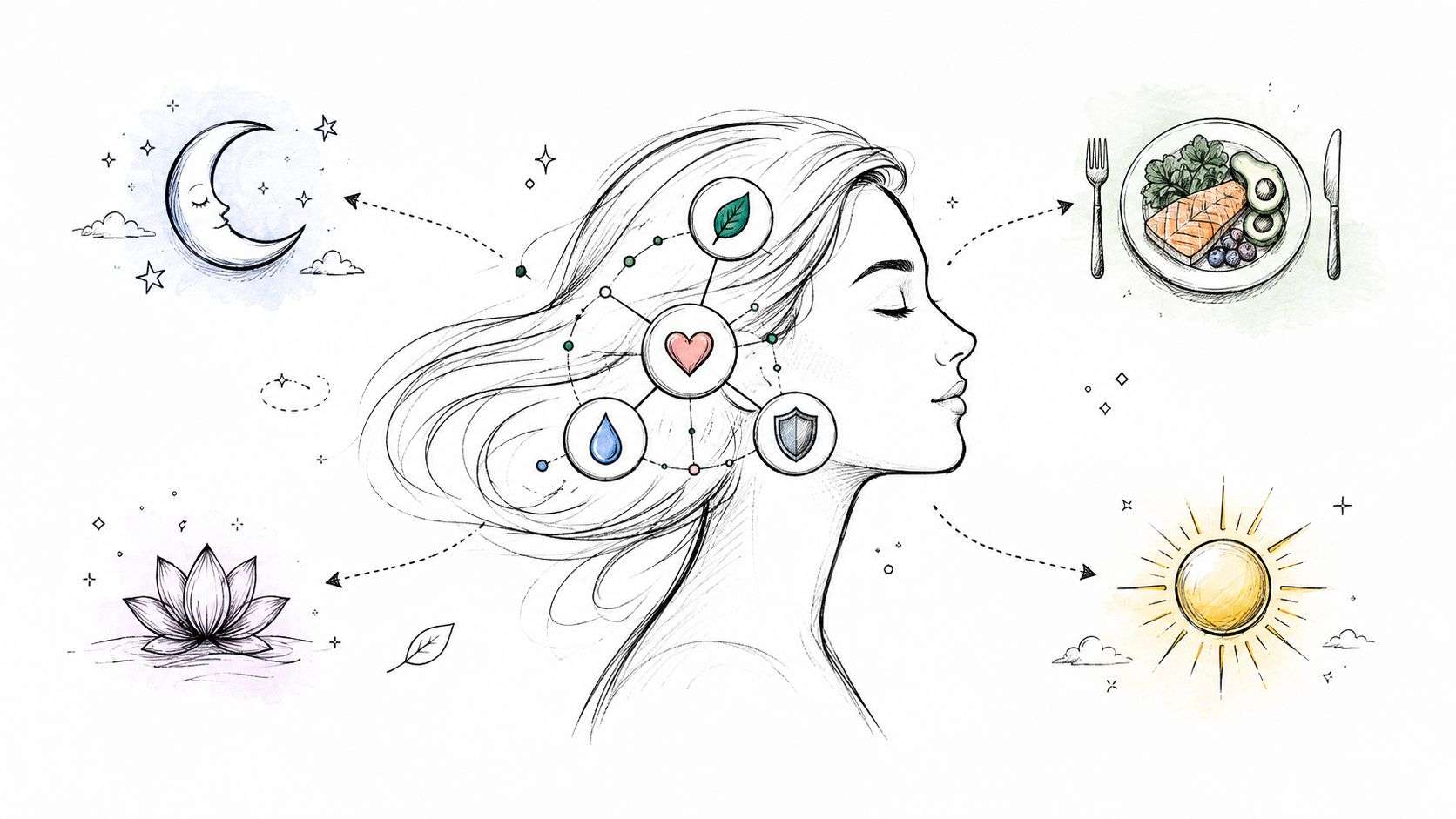 A line art illustration representing holistic health and wellness with icons for sleep, nutrition, and lifestyle habits.