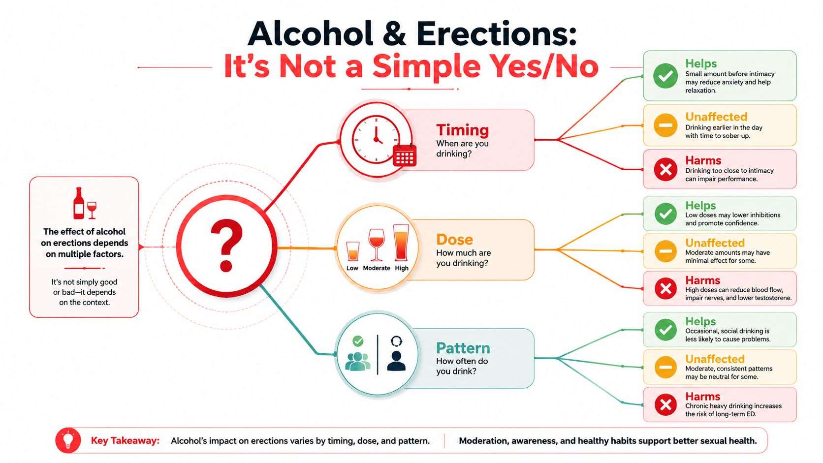 An infographic showing how timing, dose, and pattern of alcohol consumption affect male erections and sexual health.