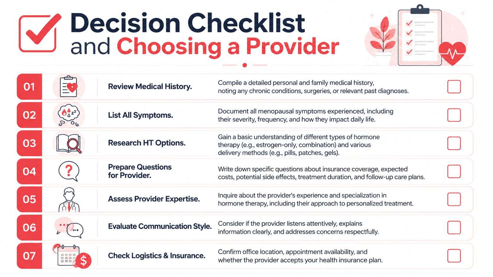 A checklist for choosing a healthcare provider for hormone therapy to manage menopausal symptoms effectively.