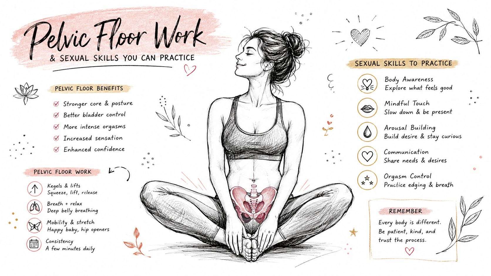 An illustrated guide showing pelvic floor exercises and sexual wellness techniques for women to improve pelvic health.
