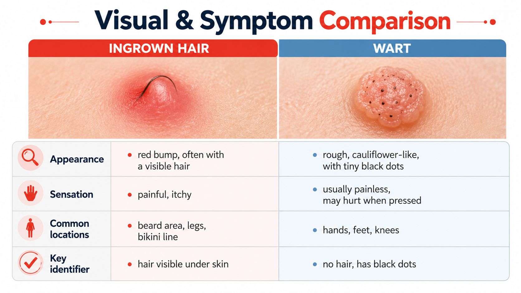 A comparison chart showing visual differences and symptoms between an ingrown hair and a skin wart.