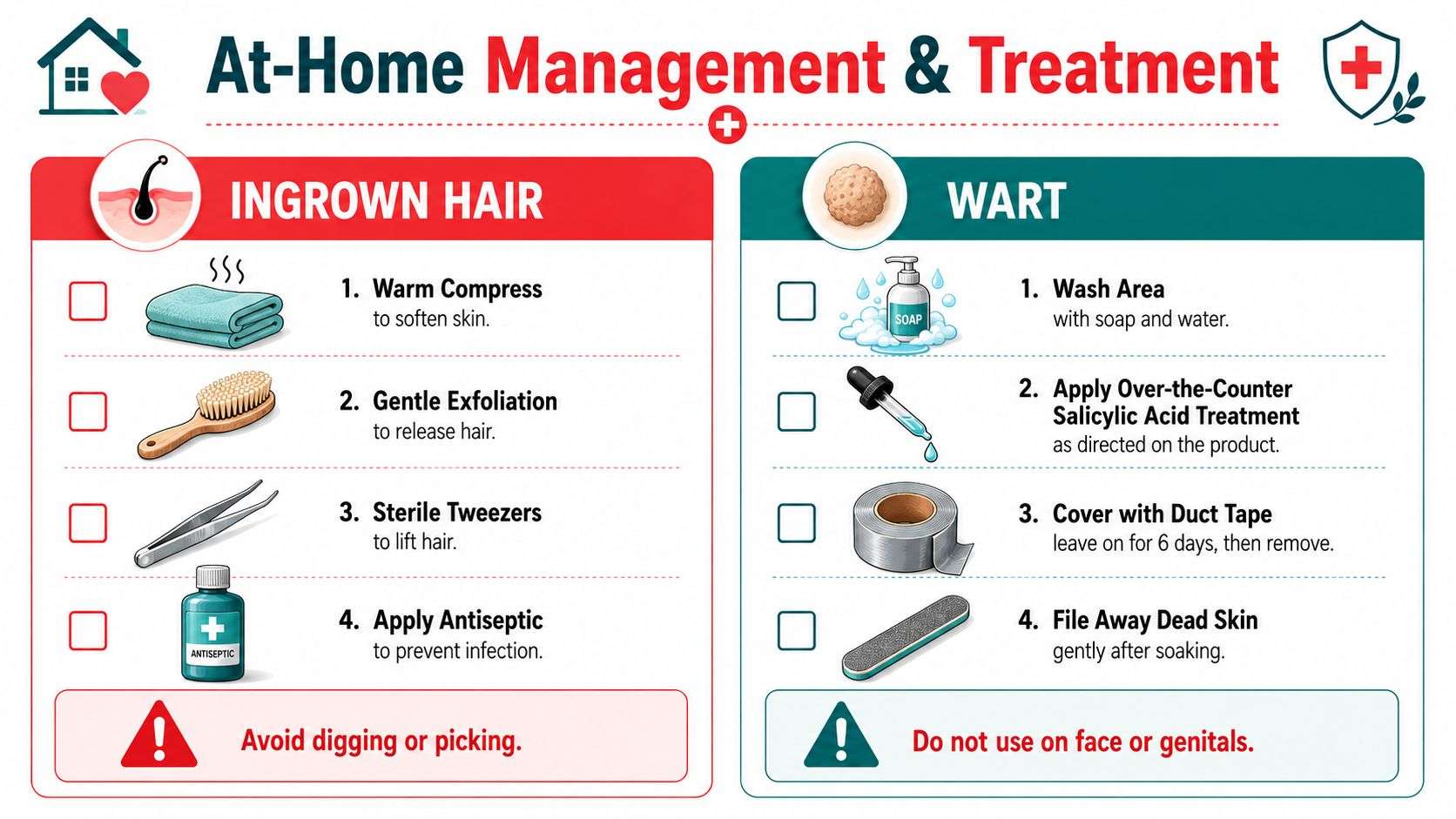 An infographic showing step-by-step at-home management and treatment instructions for ingrown hairs and skin warts.