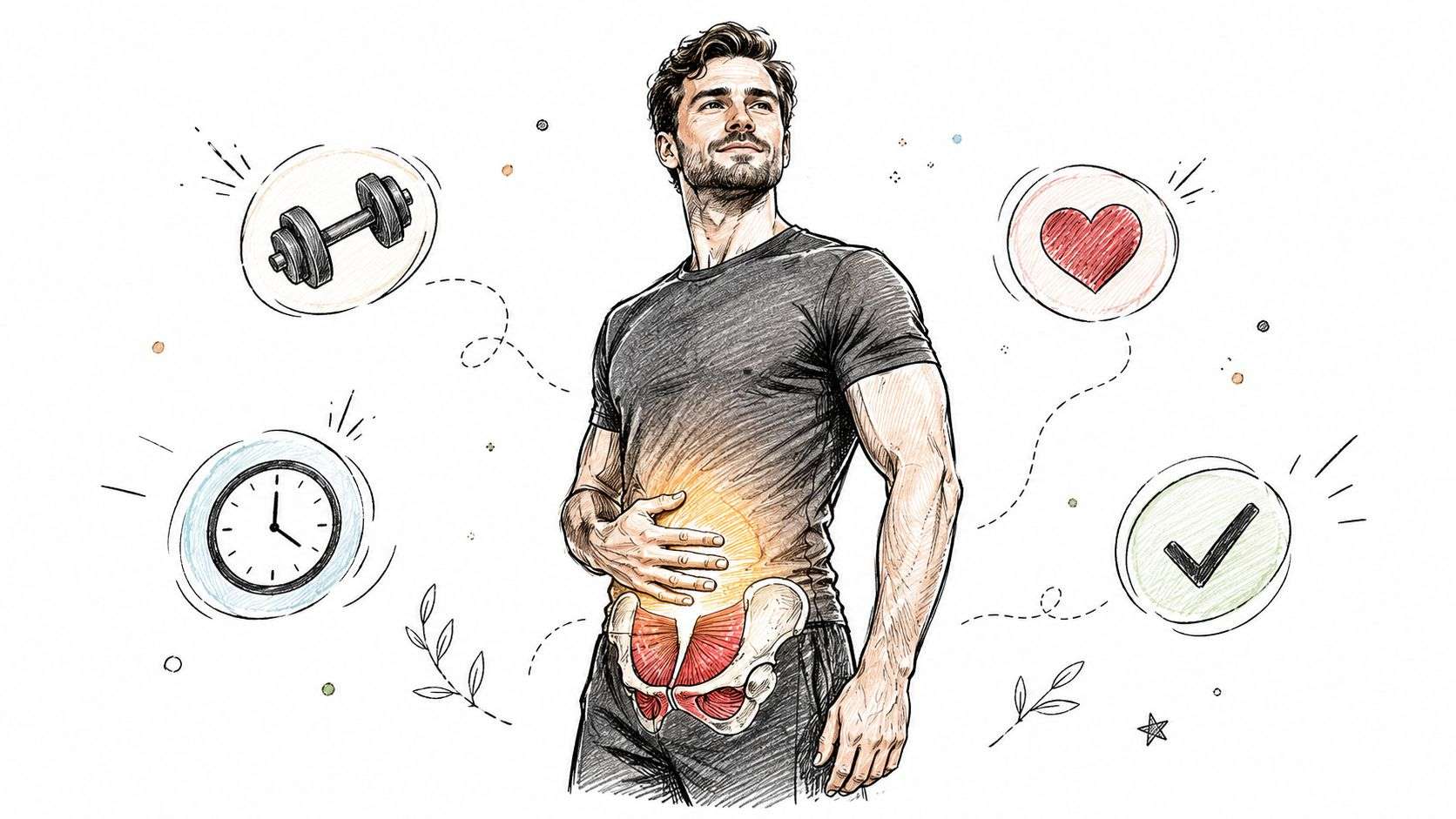 A healthy man standing with a highlighted pelvic floor area surrounded by icons of fitness and wellness.