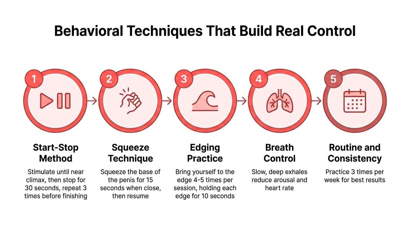 An infographic showing five behavioral techniques for sexual stamina, including start-stop, squeeze, edging, breathing, and routine.