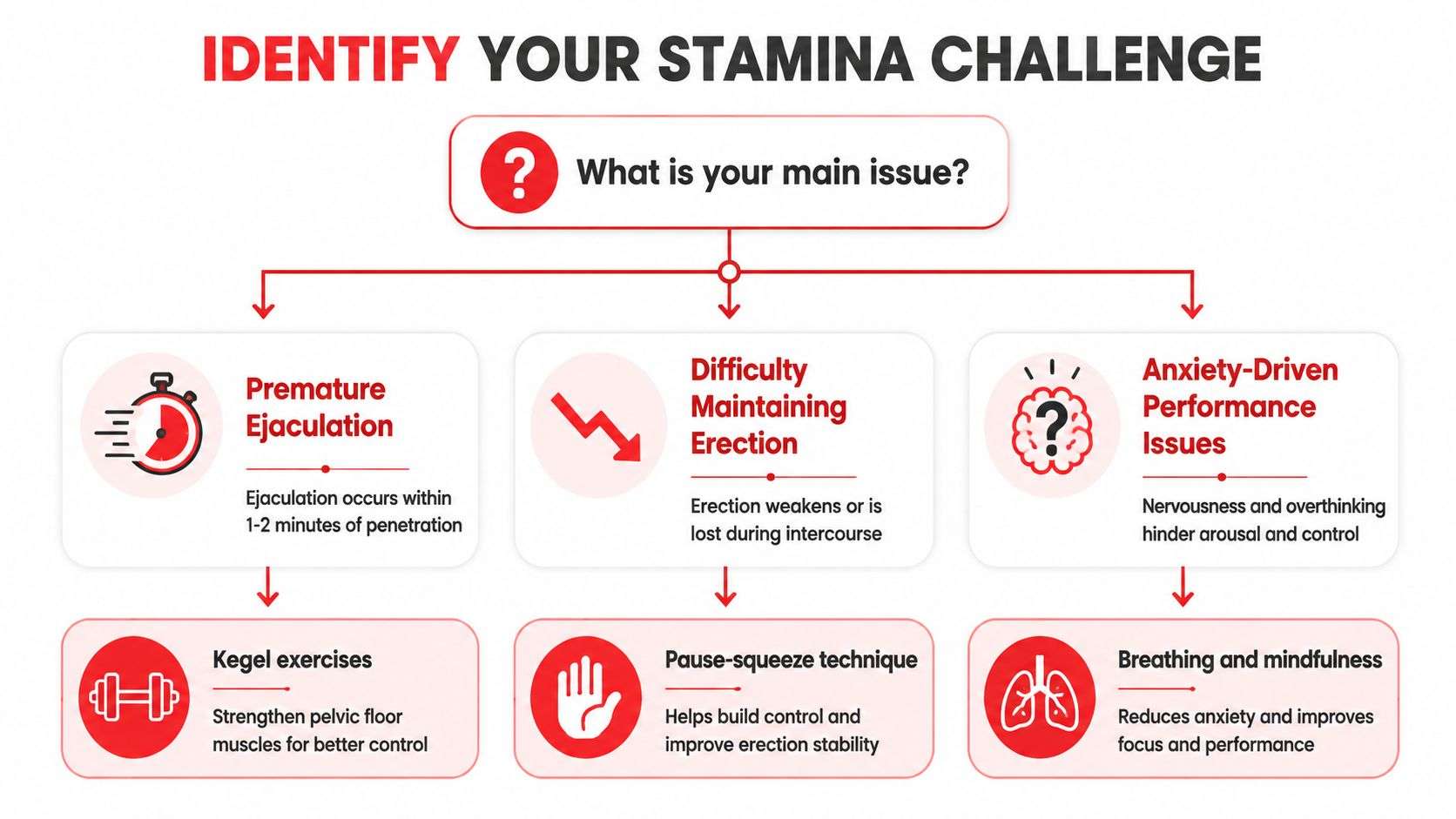 A flow chart titled Identify Your Stamina Challenge listing sexual issues and corresponding natural solutions for men.