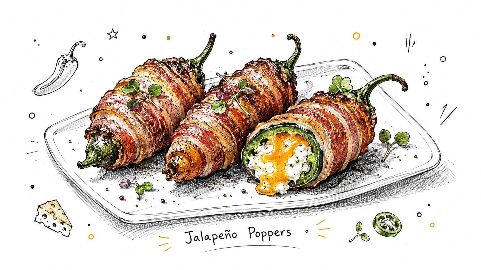 A hand-drawn illustration of three bacon-wrapped jalapeño poppers filled with melted cheese on a white plate.