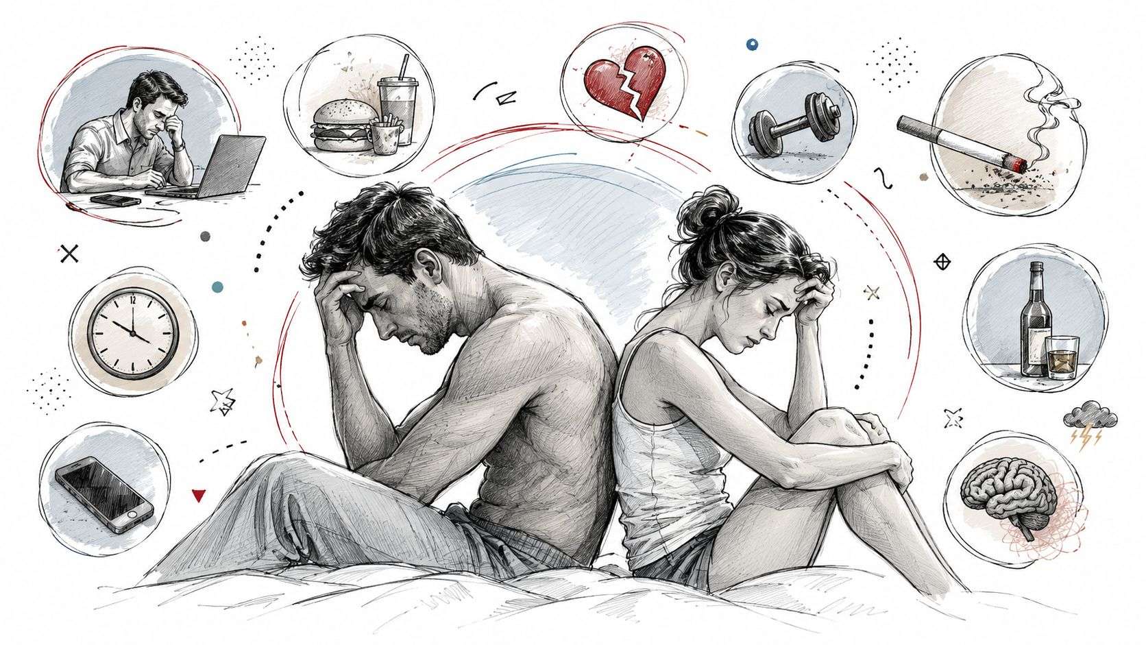 A couple sitting back to back in distress, surrounded by sketches of stressors like work, food, and substance use.