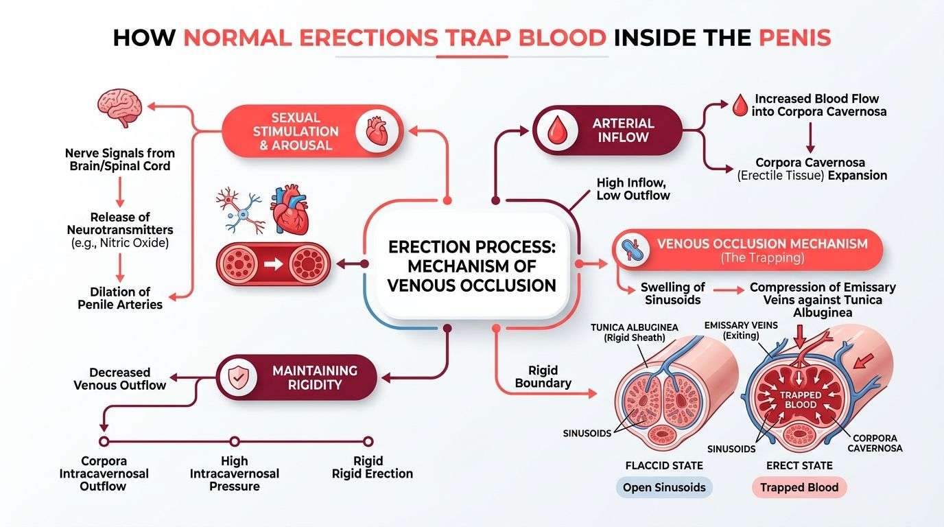 A medical diagram illustrating the physiological process of how normal penile erections trap blood via venous occlusion.