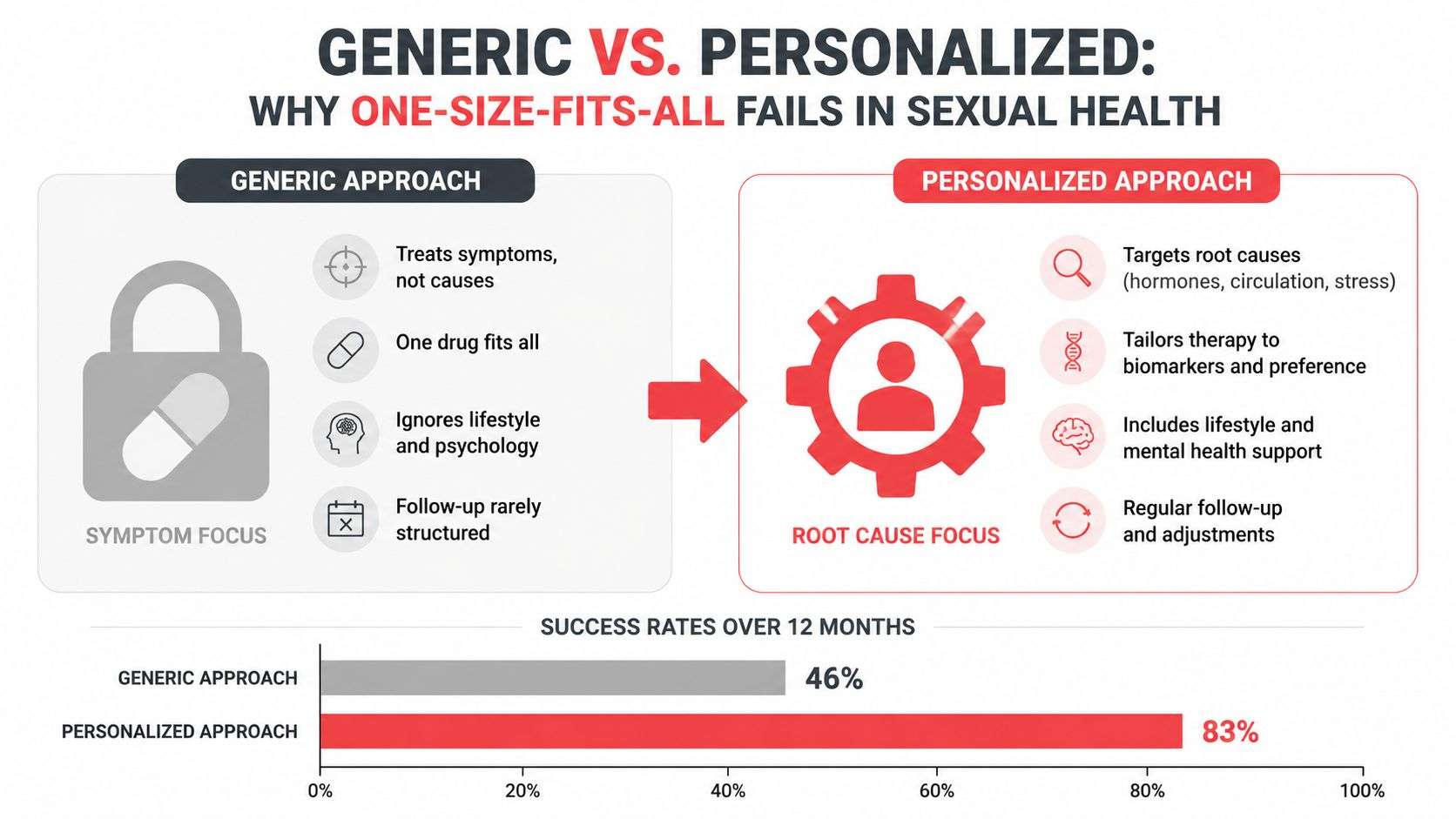 A comparison infographic between generic and personalized medical approaches for sexual health, highlighting success rates and methodology differences.