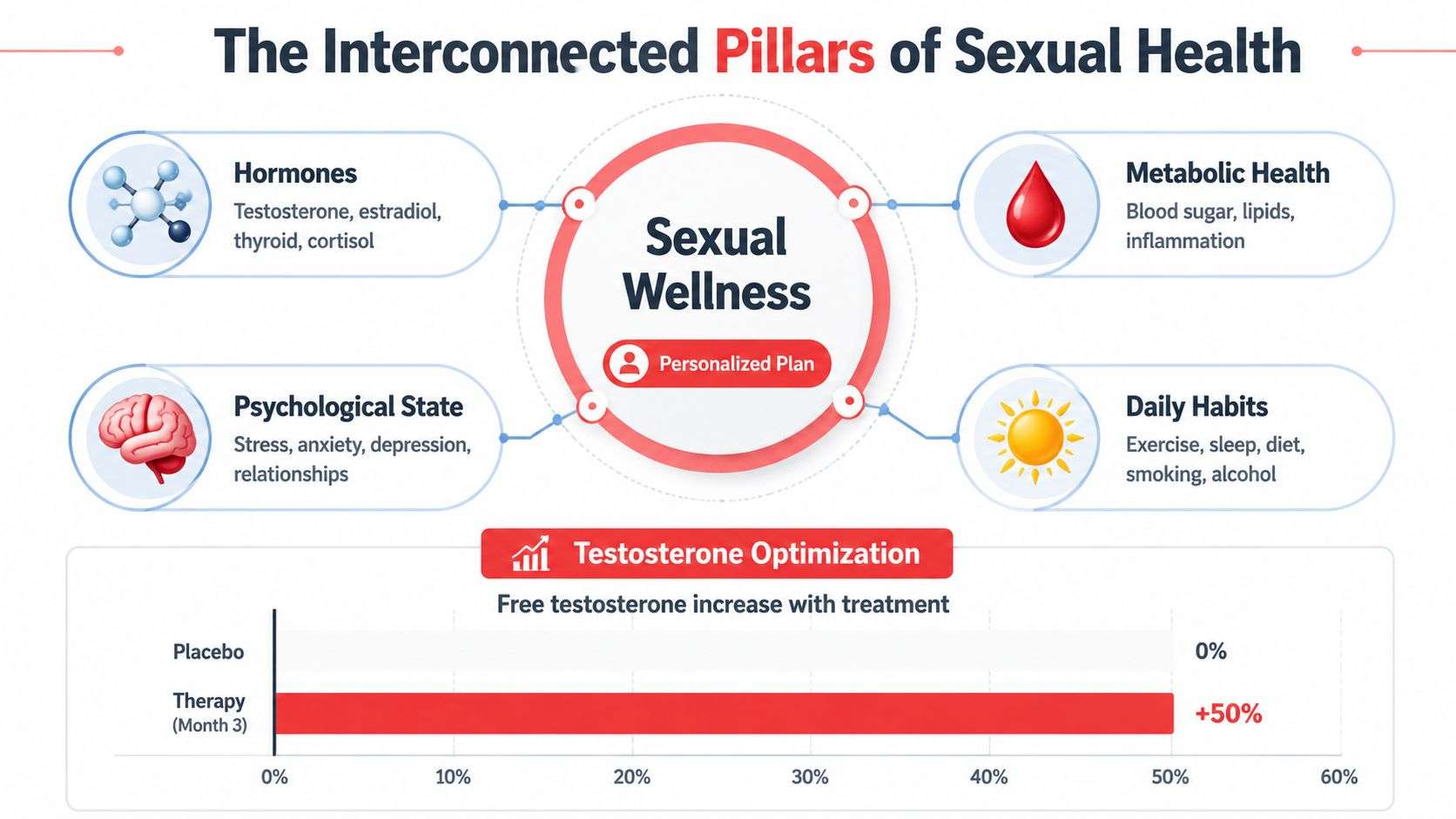 An infographic showing the interconnected pillars of sexual health, including hormones, metabolic health, psychological state, and daily habits.