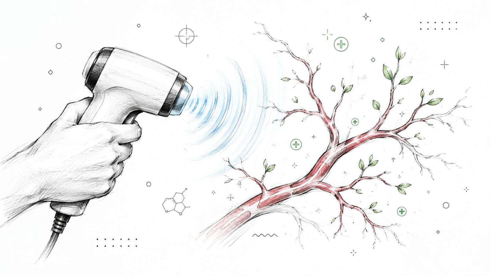 A hand holding a device emitting sound waves toward a sketch of a tree with green leaves.